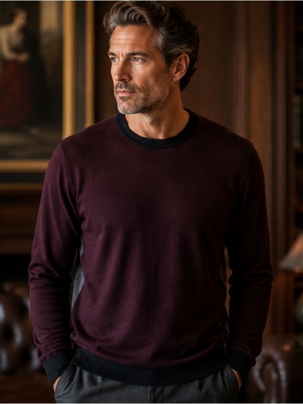 Ermenegildo Zegna 100% Lambswool Colorblock Sweater Burgundy Gray | 50 / M Italy
